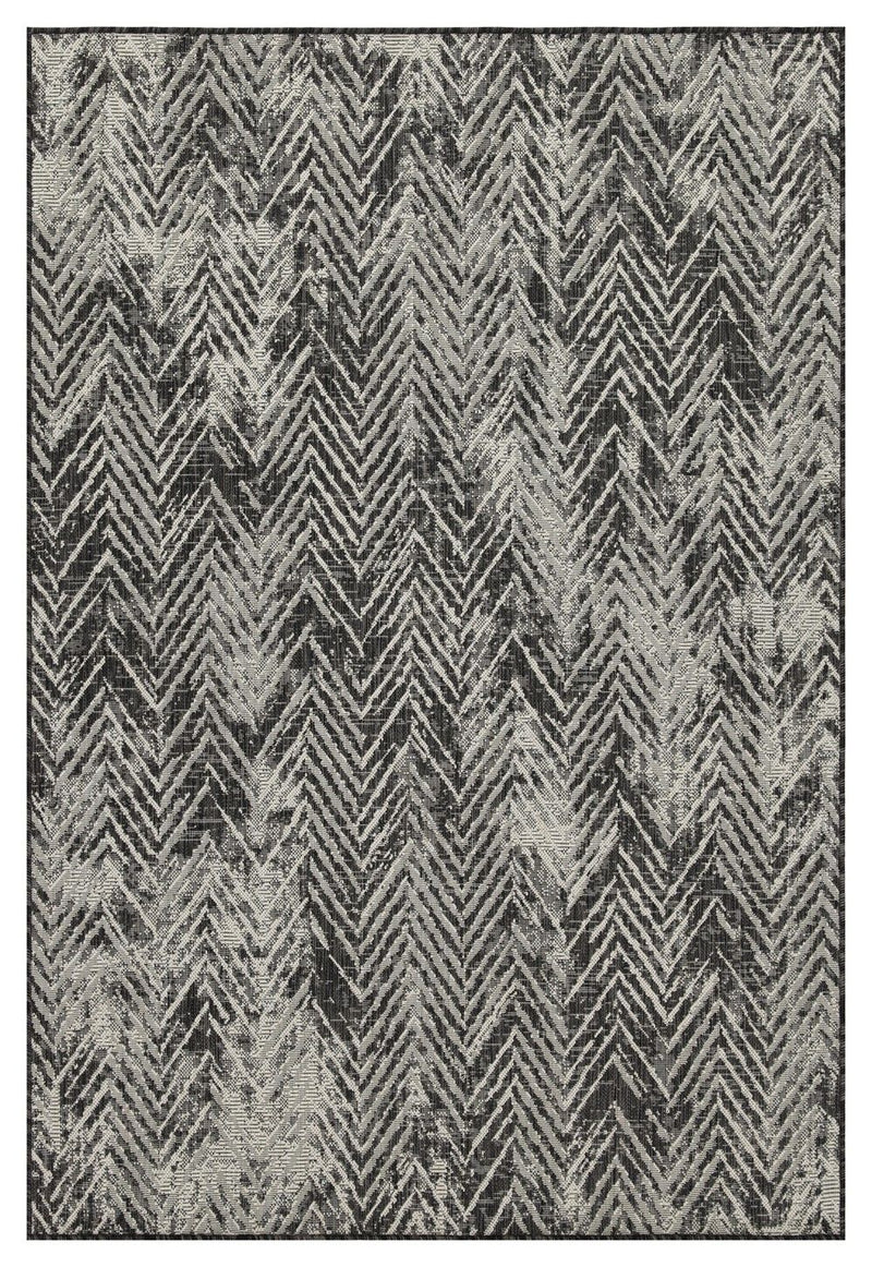 Indoor/outdoor area rug, dark gray chevron on light gray background, rectangular