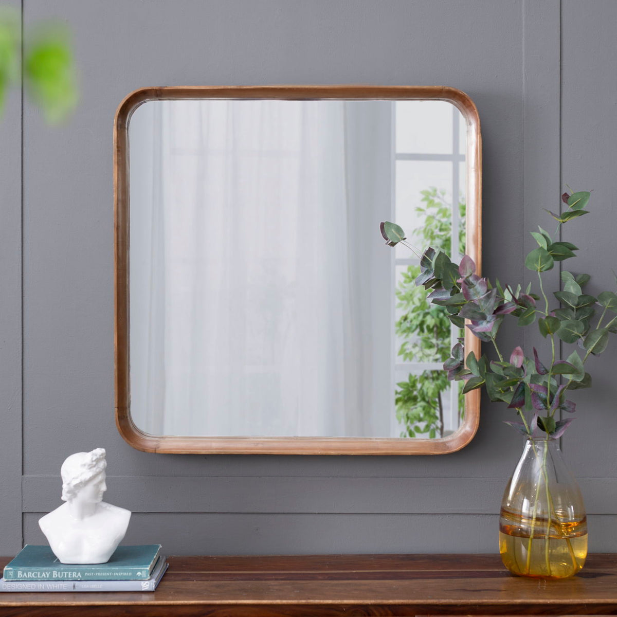 Square Mirror With Wood Frame, Wall Mirror For Living Room Bathroom Entryway - Brown