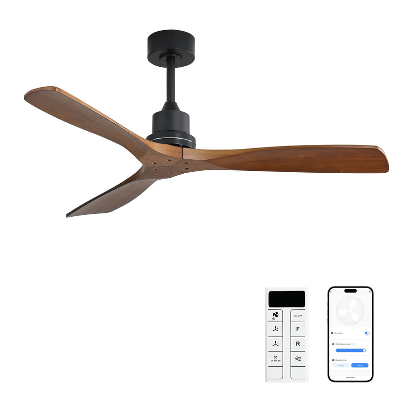 Black ceiling fan with three light wood blades and central motor housing