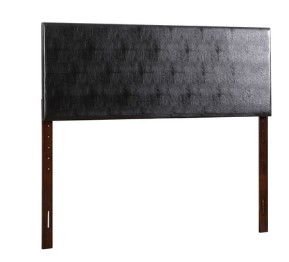 Dark upholstered headboard with straight top and carved wood legs