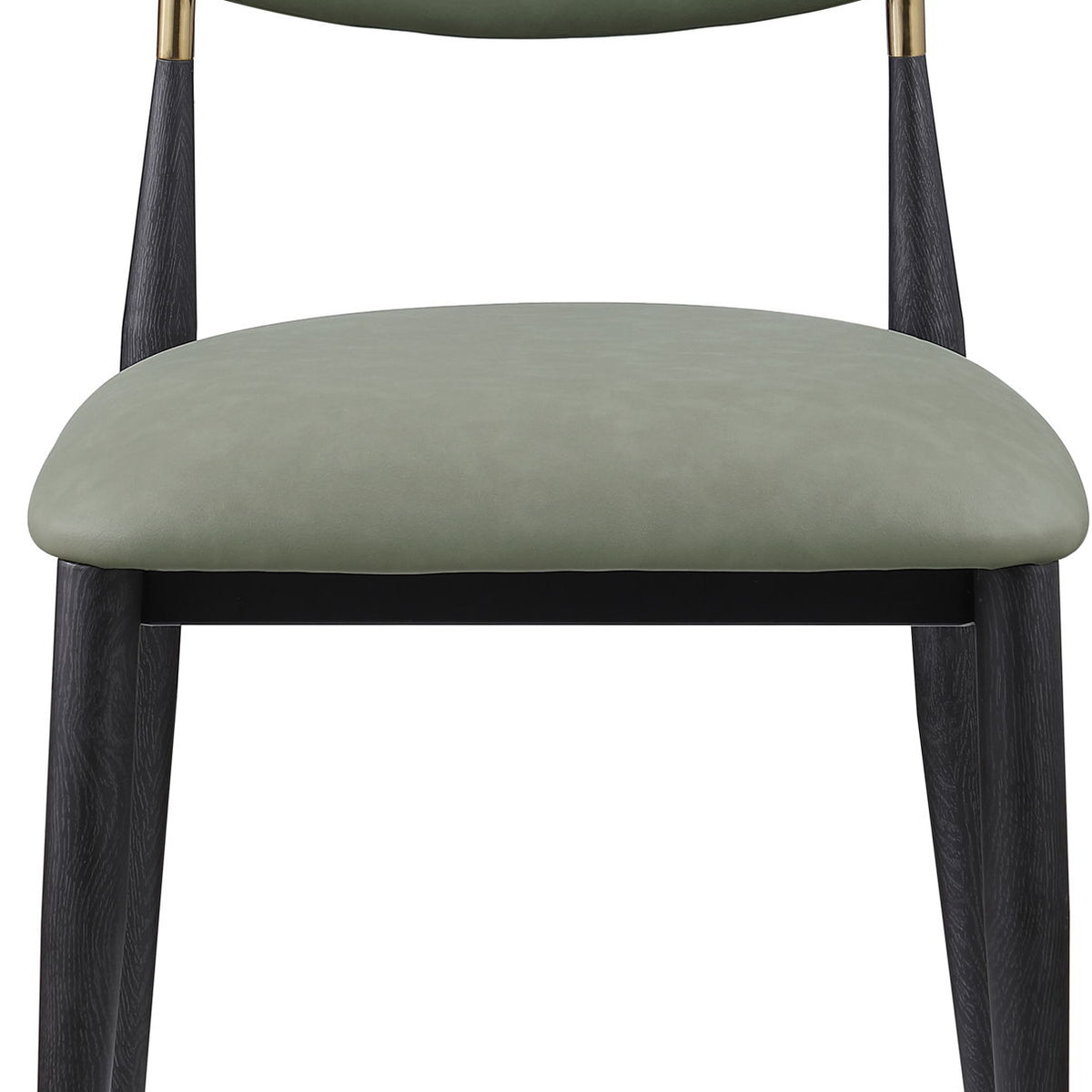 Dining side chair with gray-green upholstered seat and back, black legs