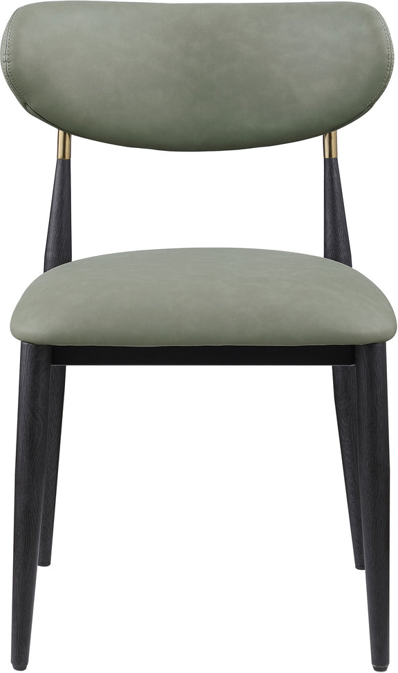 Dining side chair with gray-green upholstered seat and back, black legs