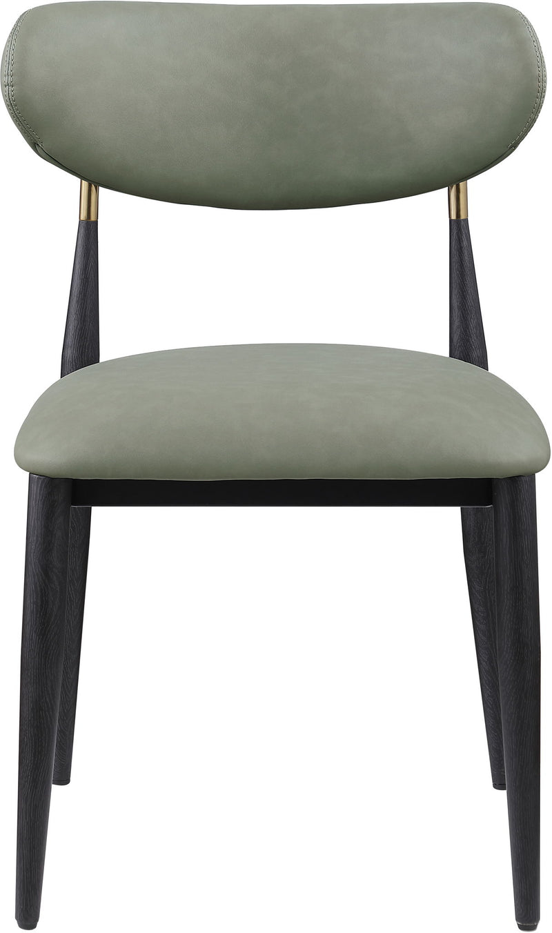 Dining side chair with gray-green upholstered seat and back, black legs