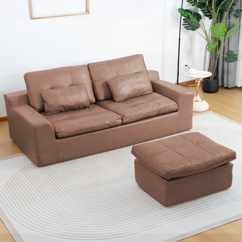 Light brown L-shaped sofa with movable ottoman; tufted cushions and padded seats