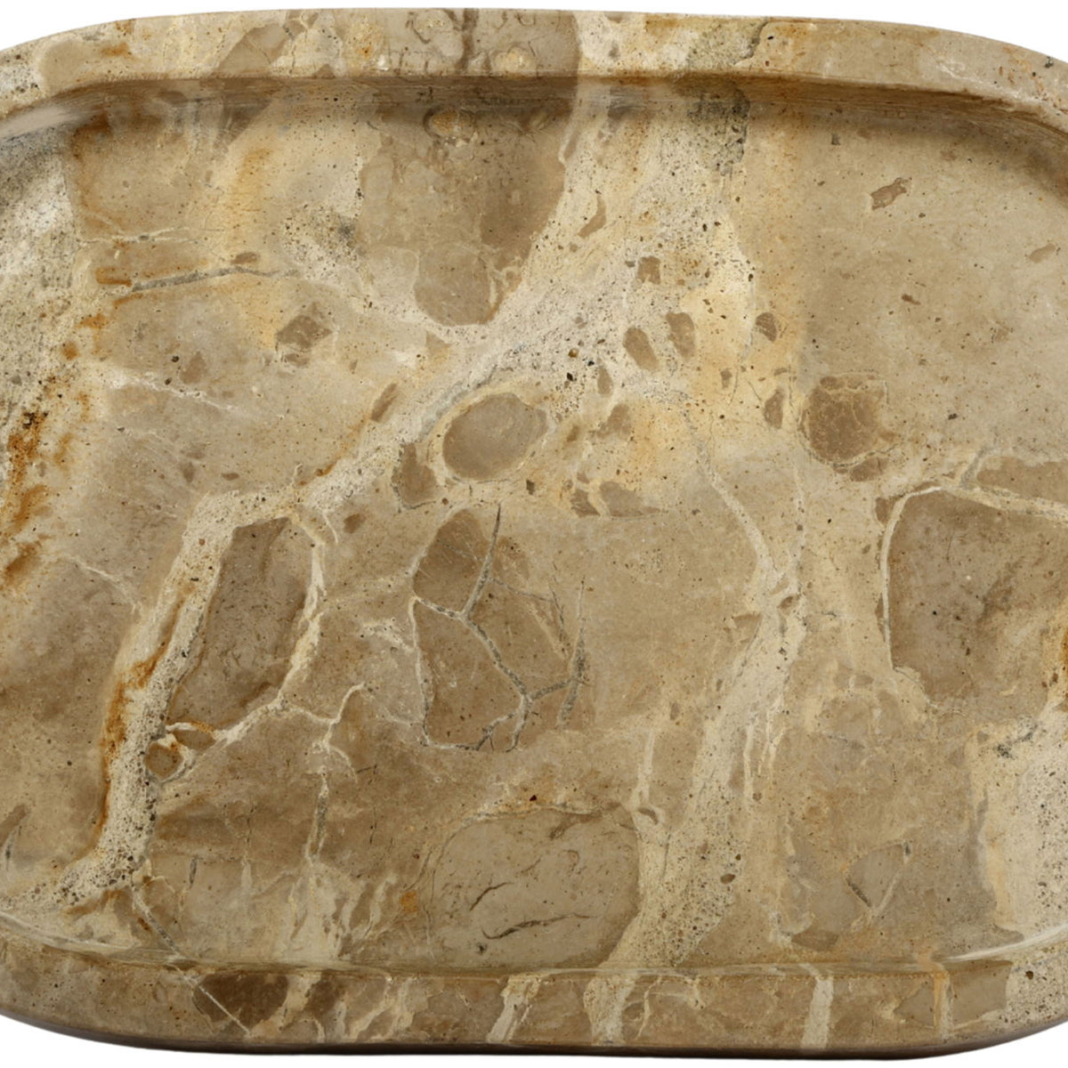 Beige marble tray, oval shallow with tan and brown veining.