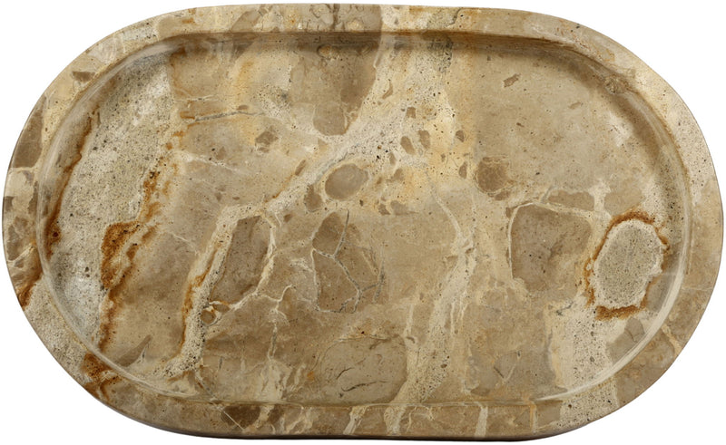 Beige marble tray, oval shallow with tan and brown veining.