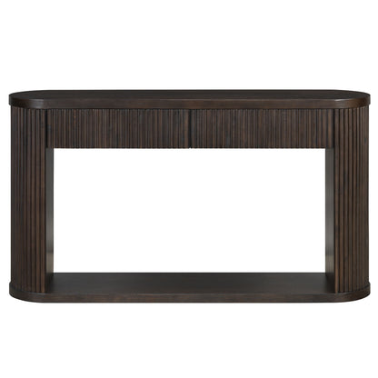 Dark oval console table with fluted front, open center shelf and flat top