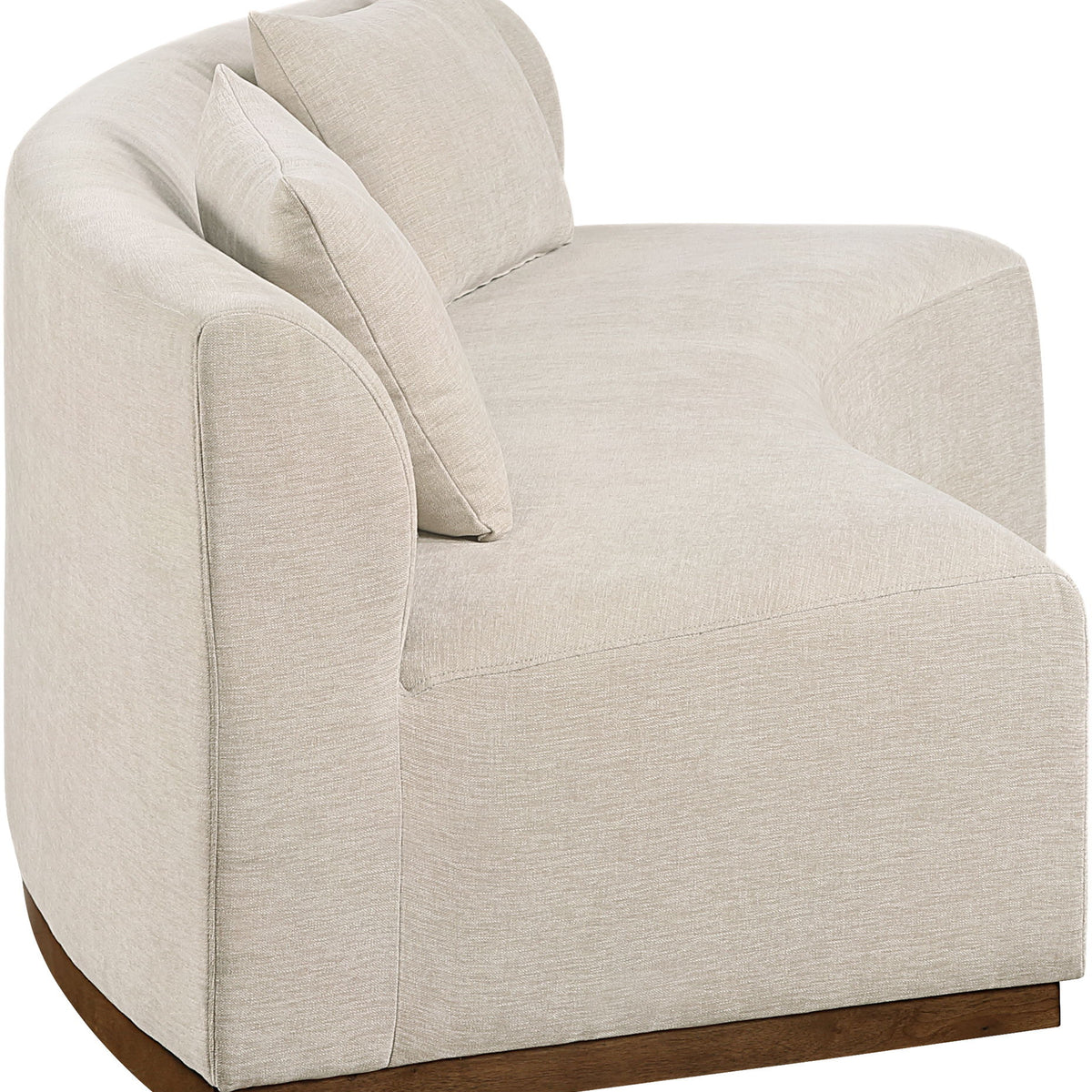Beige chenille upholstered sofa section with three cushions and rounded arms