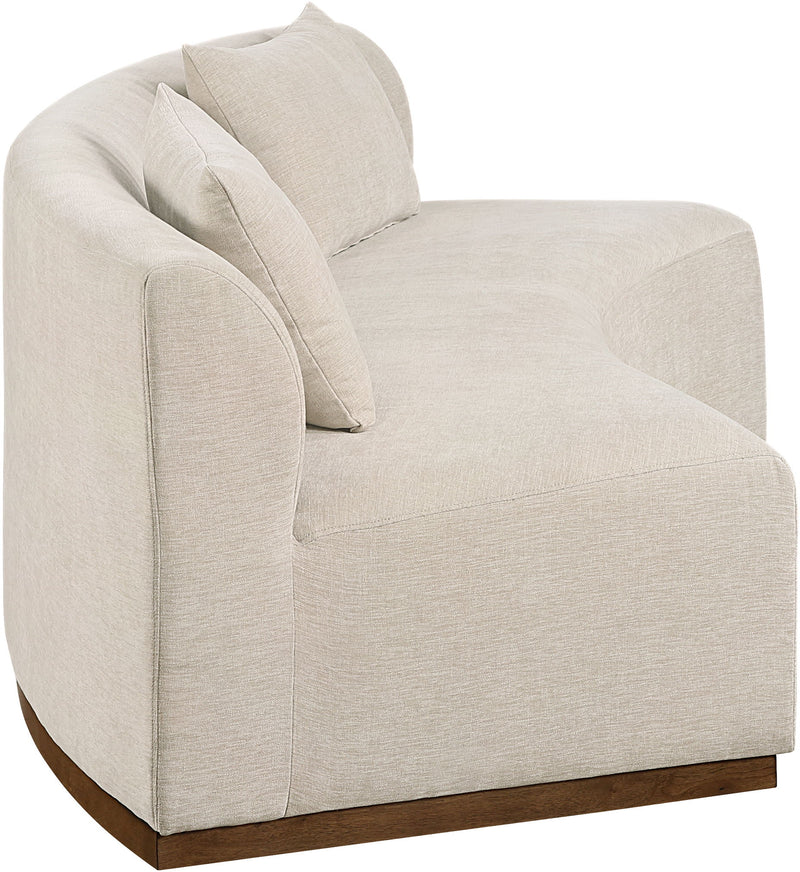 Beige chenille upholstered sofa section with three cushions and rounded arms