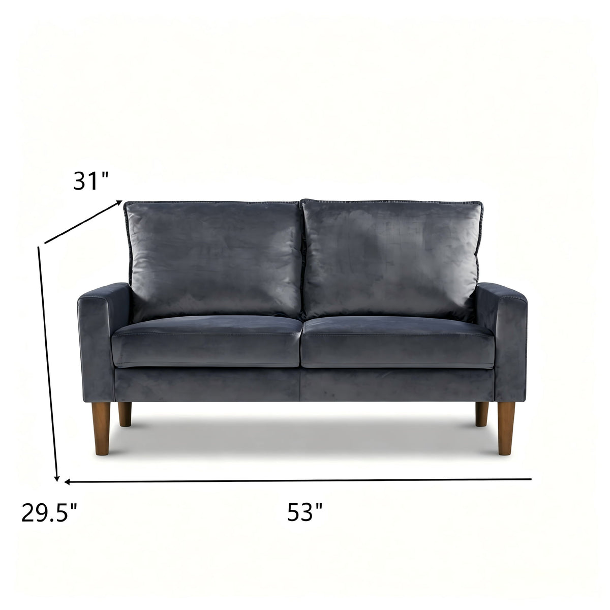 Upholstered 2-seater loveseat sofa in dark gray with two back cushions and wooden legs