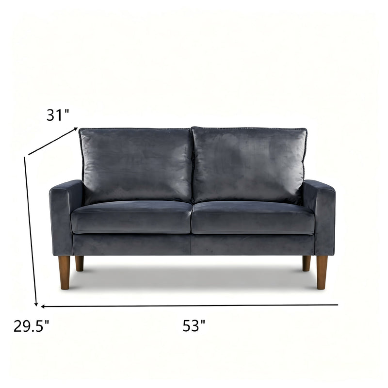 Upholstered 2-seater loveseat sofa in dark gray with two back cushions and wooden legs
