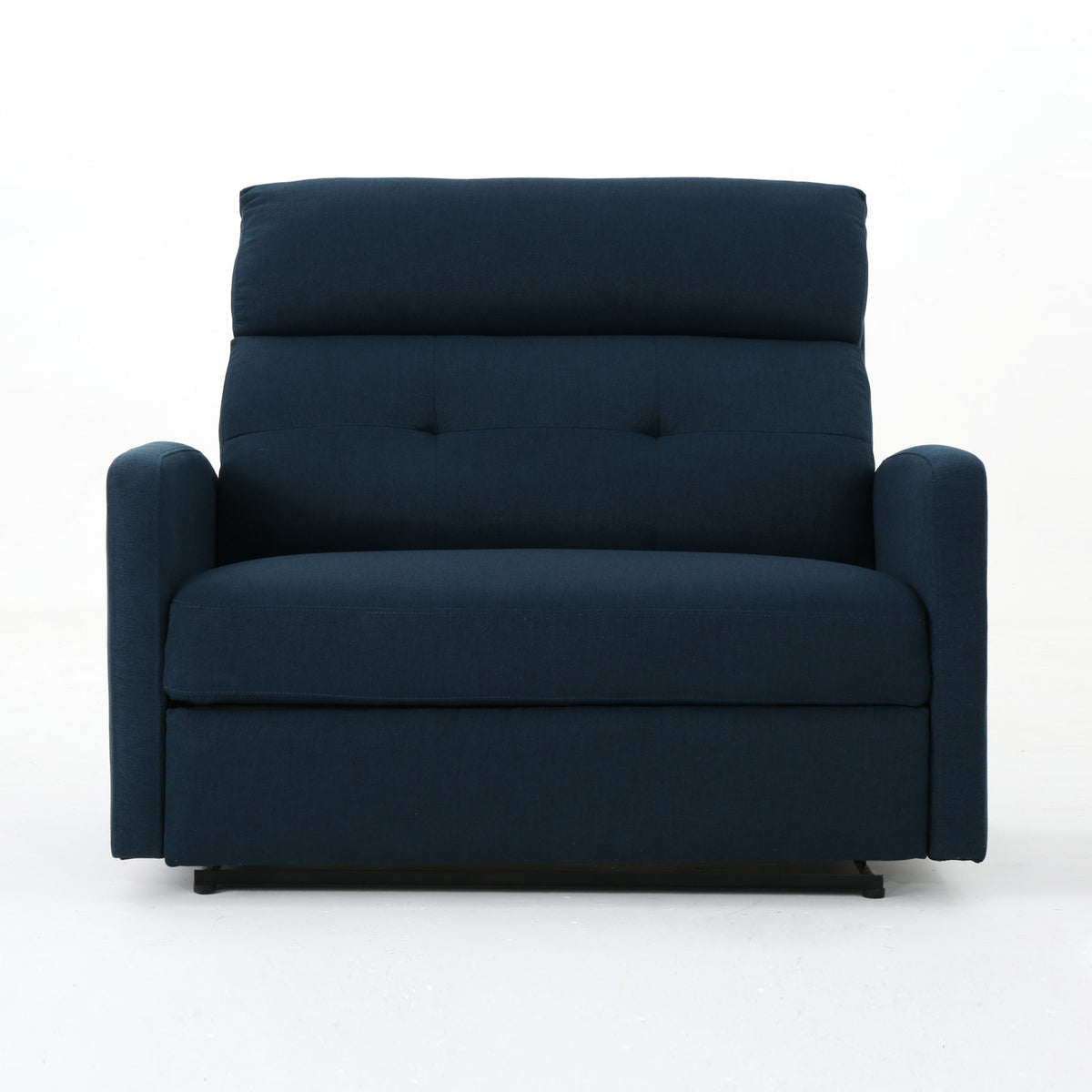 Navy blue upholstered loveseat recliner with padded arms and tufted back