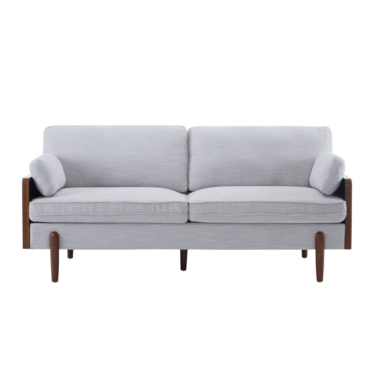 Light gray upholstered sofa with rolled arm cushions and dark wood tapered legs