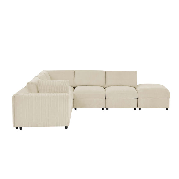 Light beige modular sectional sofa with left ottoman chaise, padded arms and cushions