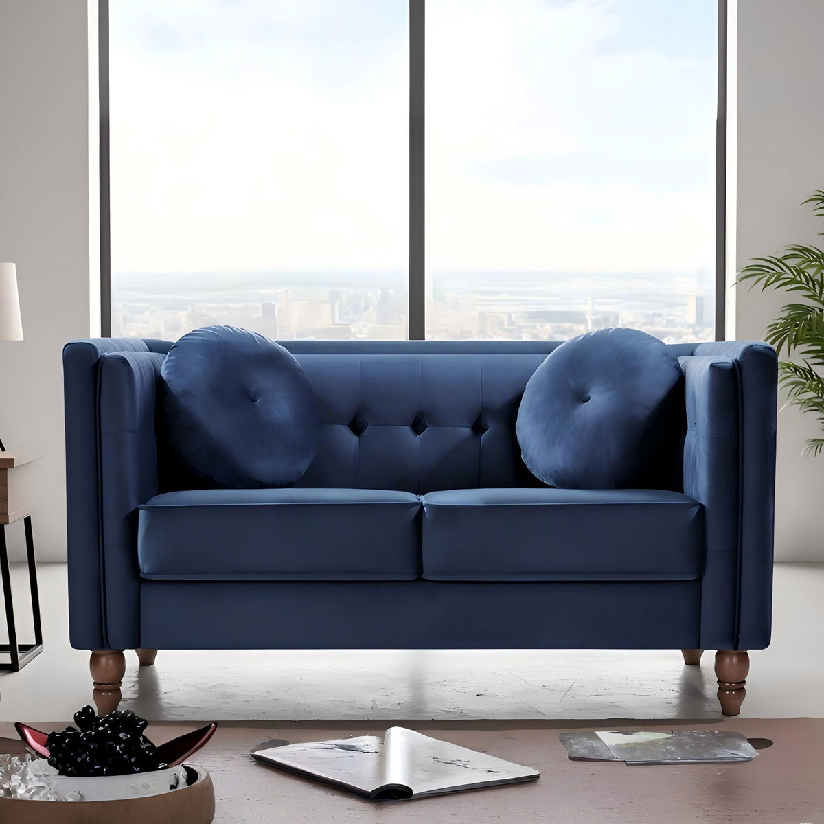 Navy blue tufted 2-seater loveseat with round arm cushions and button-tufted back pillows.