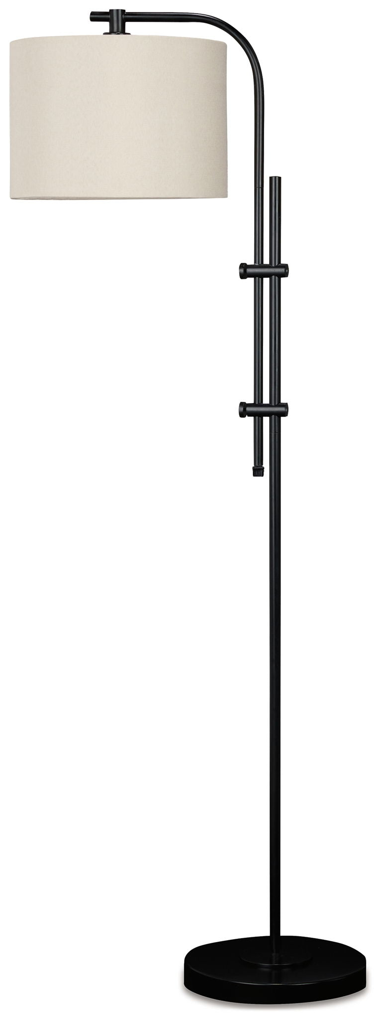 Black metal floor lamp with cream drum shade, side arms, and round pedestal base.