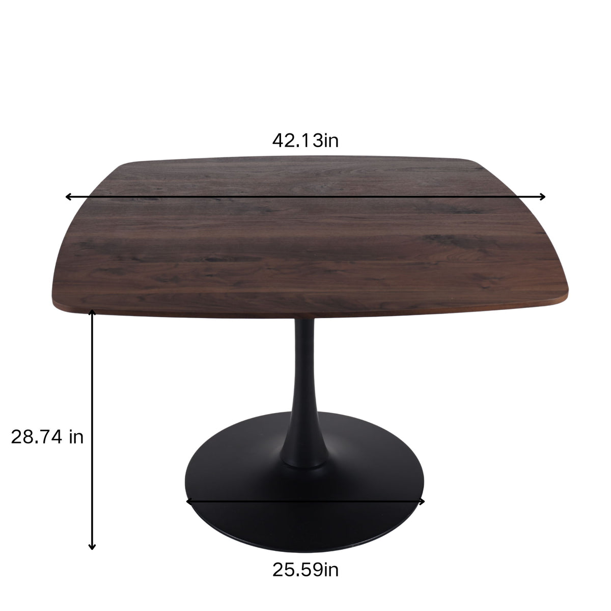 Dark brown dining table size diagram with black pedestal base