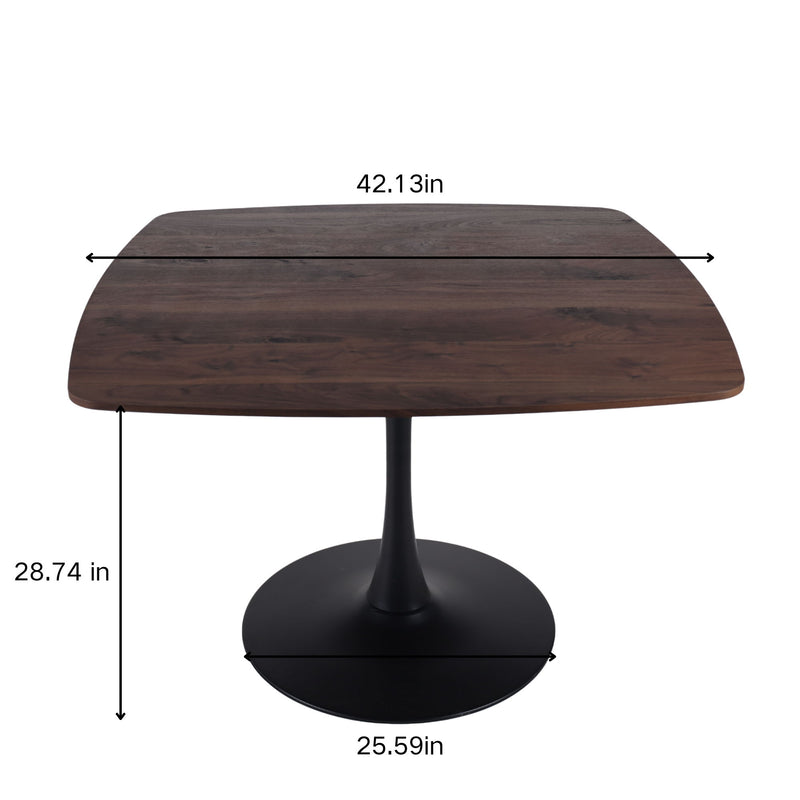 Dark brown dining table size diagram with black pedestal base