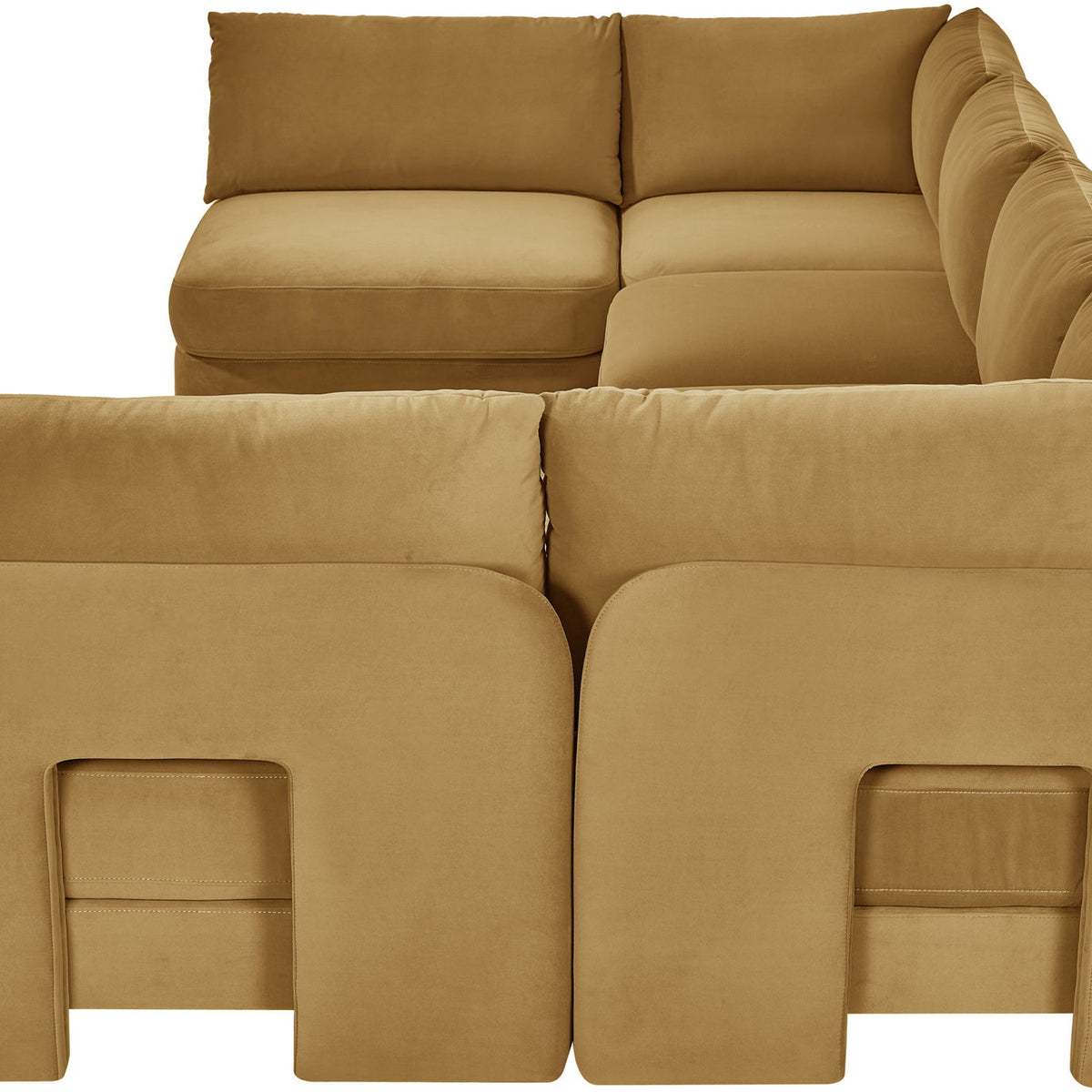 Light brown velvet armless U-shaped sectional sofa with corner and chaise sections