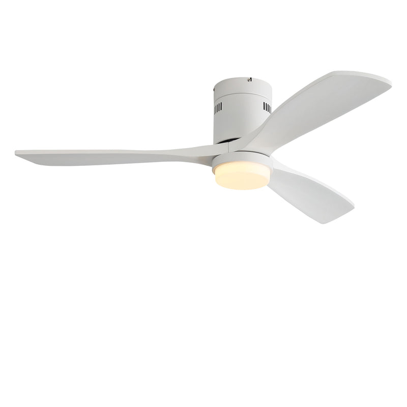White 3-blade ceiling fan close-up with integrated light glowing