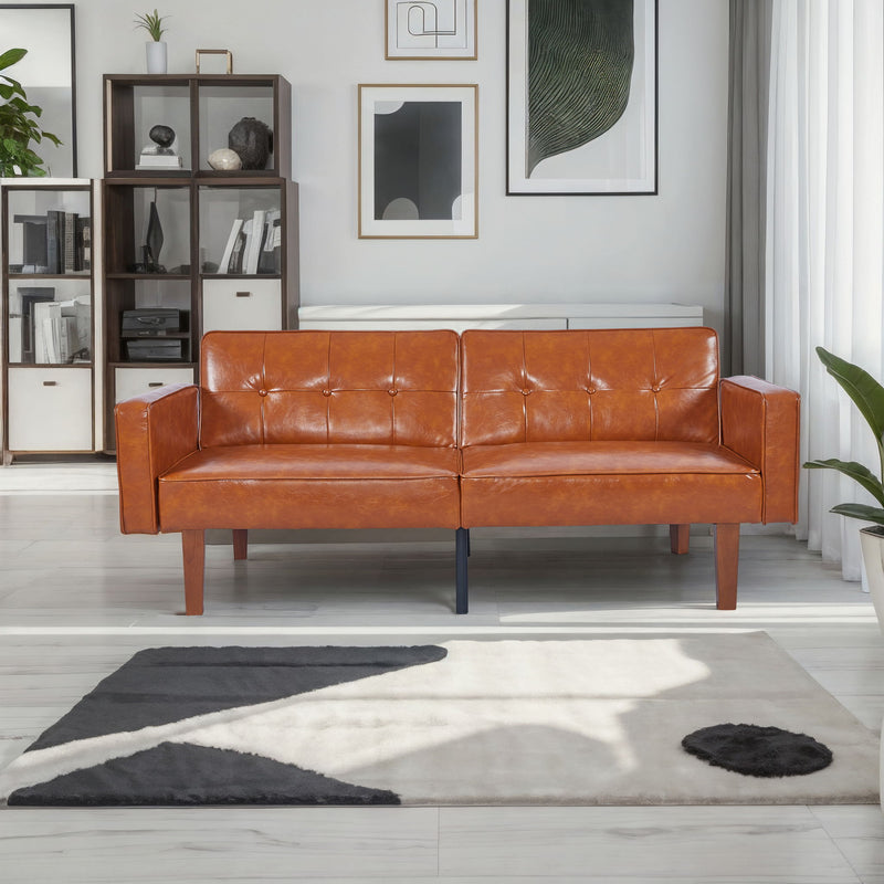 Brown split-back futon sofa bed with tufted backrests and vertical seam cushions