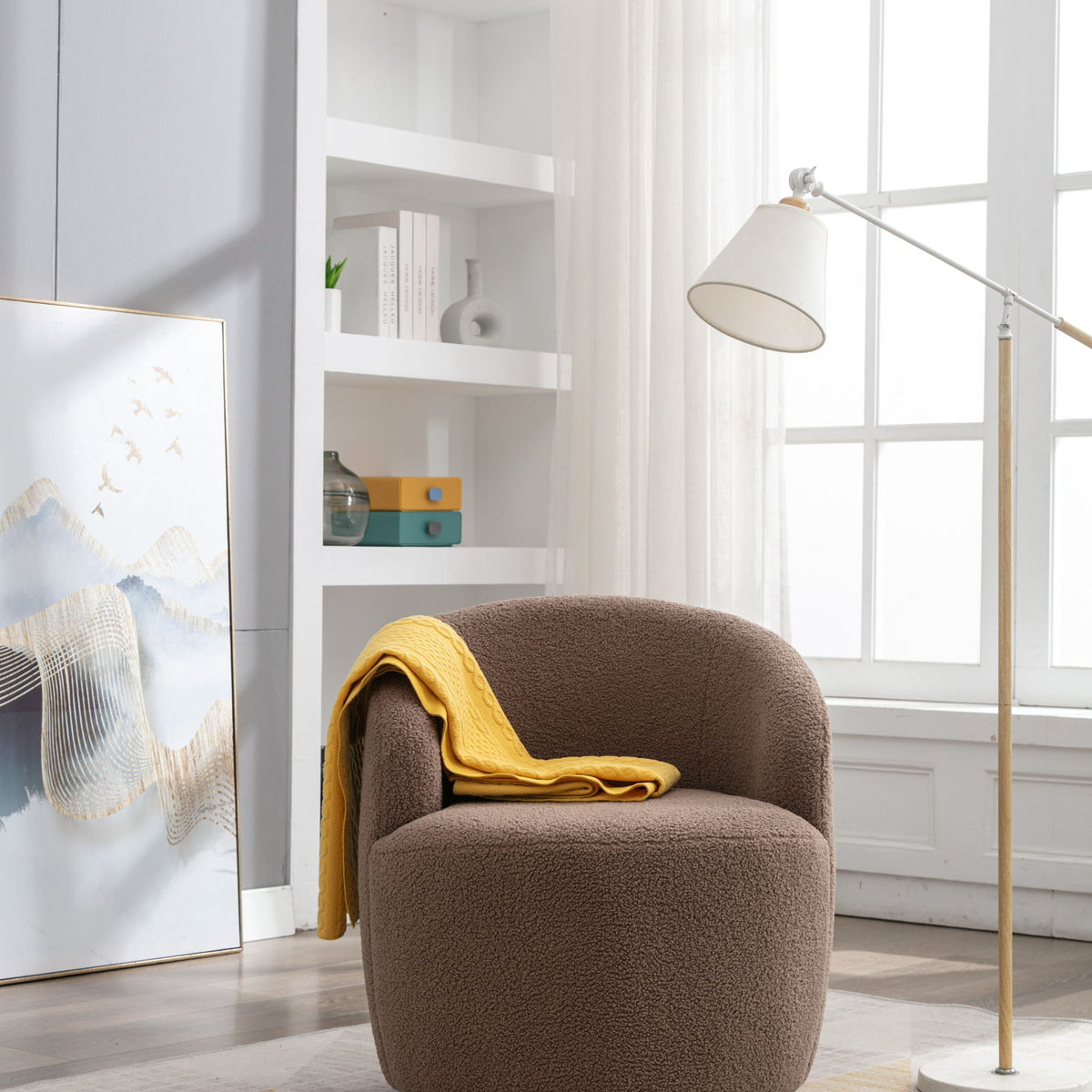 Teddy Fabric Swivel Accent Armchair Barrel Chair With Powder Coating Metal Ring
