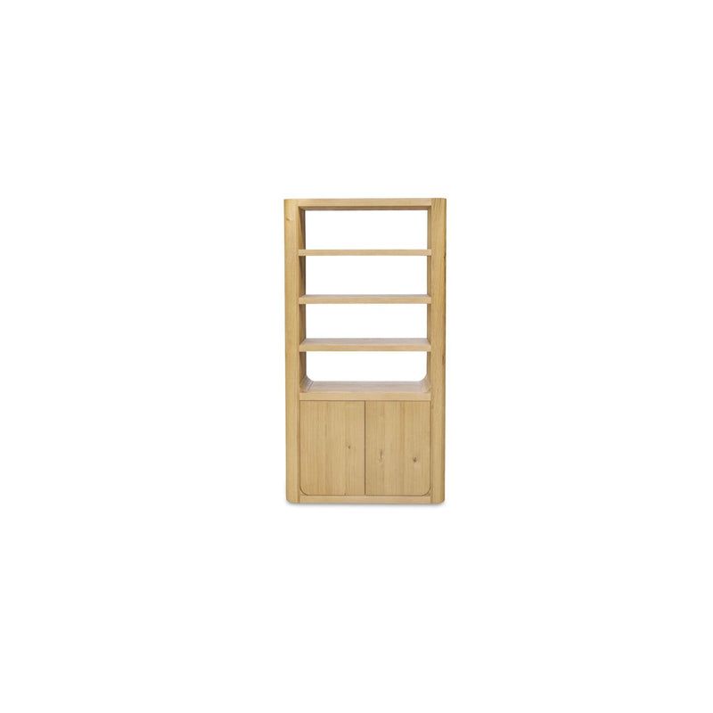 Rustic tall oak cabinet with open shelves and two-door base, natural finish