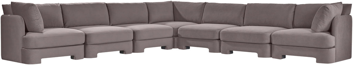 7-piece corner sectional sofa, gray velvet upholstery, with seat and back cushions