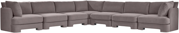 7-piece corner sectional sofa, gray velvet upholstery, with seat and back cushions