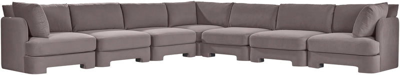 7-piece corner sectional sofa, gray velvet upholstery, with seat and back cushions