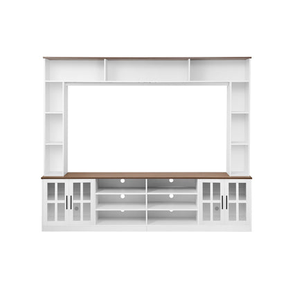 Wall Unit Entertainment Center With Bookshelves For TVs Up To 80", Tempered Glass Doors And Adjustable Shelves