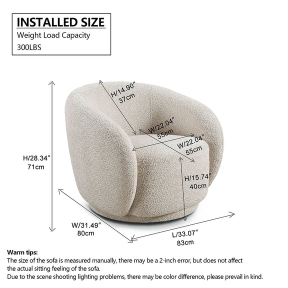 Installed size diagram for beige upholstered rounded chair with measurement labels