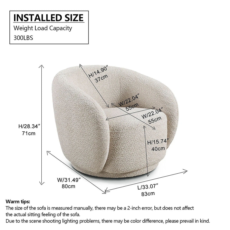 Installed size diagram for beige upholstered rounded chair with measurement labels