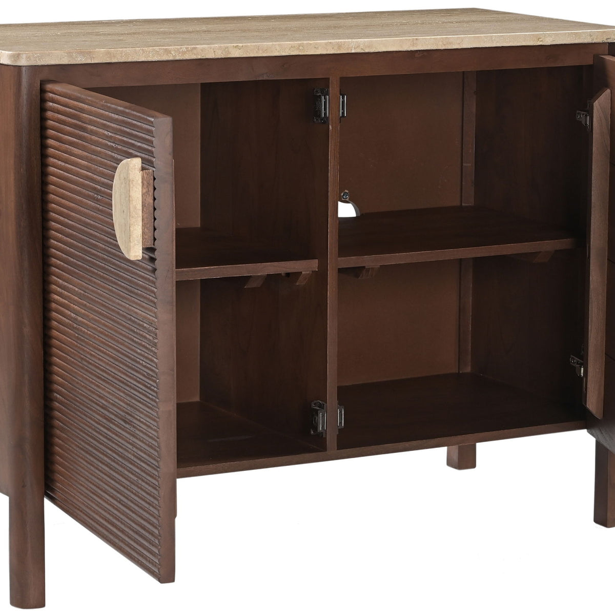 Acacia wood sideboard with open doors revealing two interior storage sections