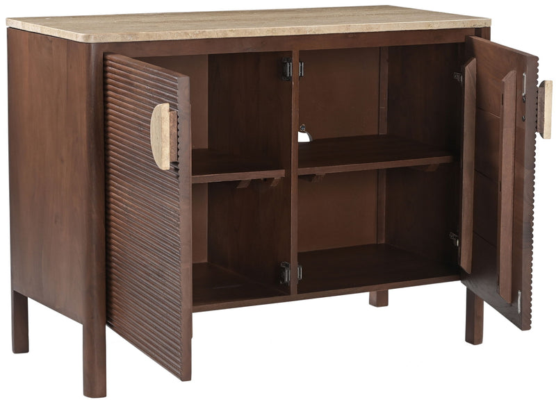 Acacia wood sideboard with open doors revealing two interior storage sections