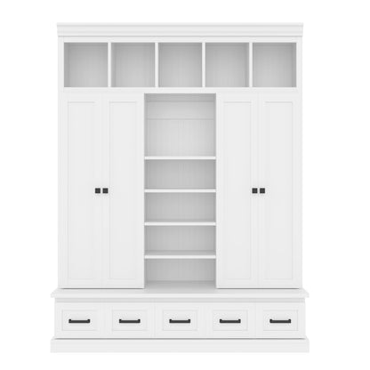 White hall storage cabinet with bench base and 5 open cubbies