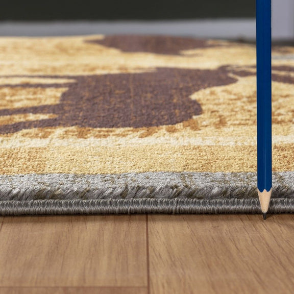 Lodge area rug close-up: textured flat weave edge with dark gray border and fringe