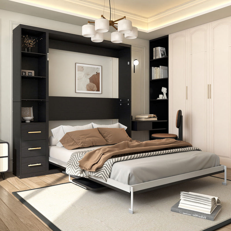 Murphy wall bed with dark storage cabinet and white metal bed frame, unfolded