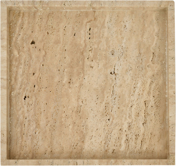 Beige travertine tray close-up of recessed square center with speckled stone texture