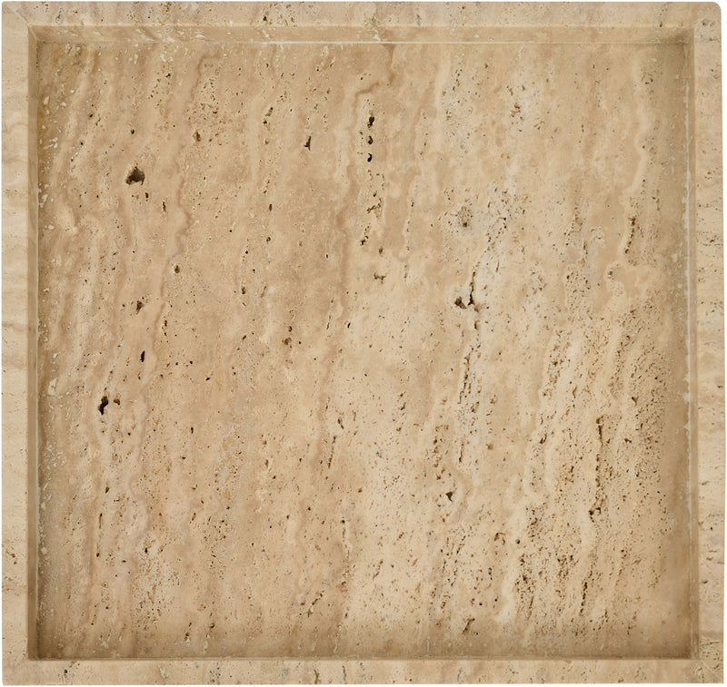 Beige travertine tray close-up of recessed square center with speckled stone texture