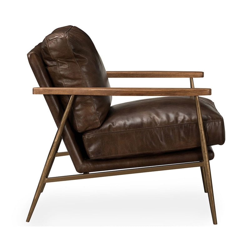 Dark brown leather club chair with wood armrests and padded seat