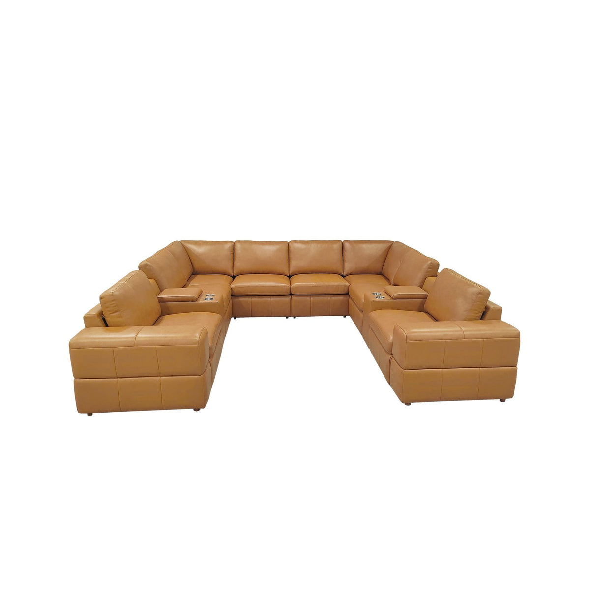 Tan U-shaped modular sectional sofa with large square arms and padded seat blocks