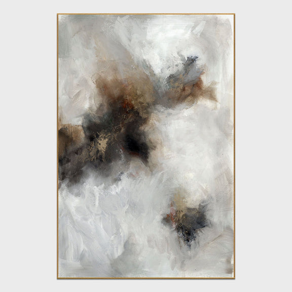 Abstract silver framed painting with dark ink-like swirls