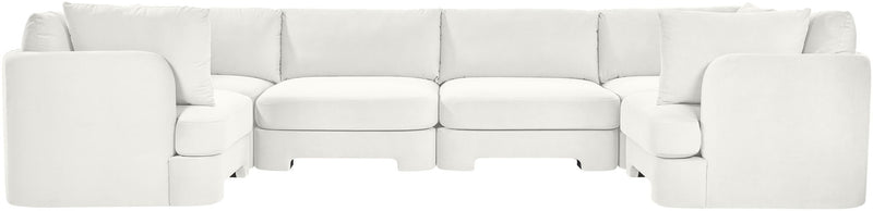 White velvet U-shaped sectional sofa, 6-piece set with upholstered back and arm cushions.
