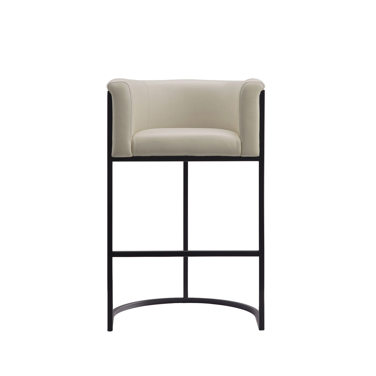 Cream upholstered barstool with black metal frame and curved arched base