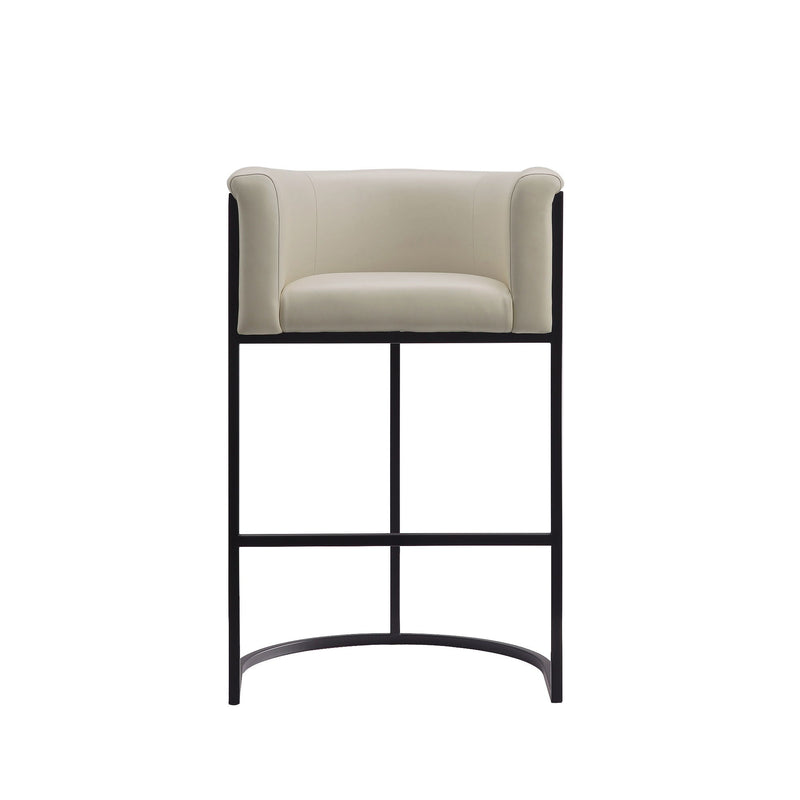 Cream upholstered barstool with black metal frame and curved arched base