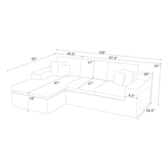 U-shaped sectional sofa dimensions diagram with chaise seating and measured sections