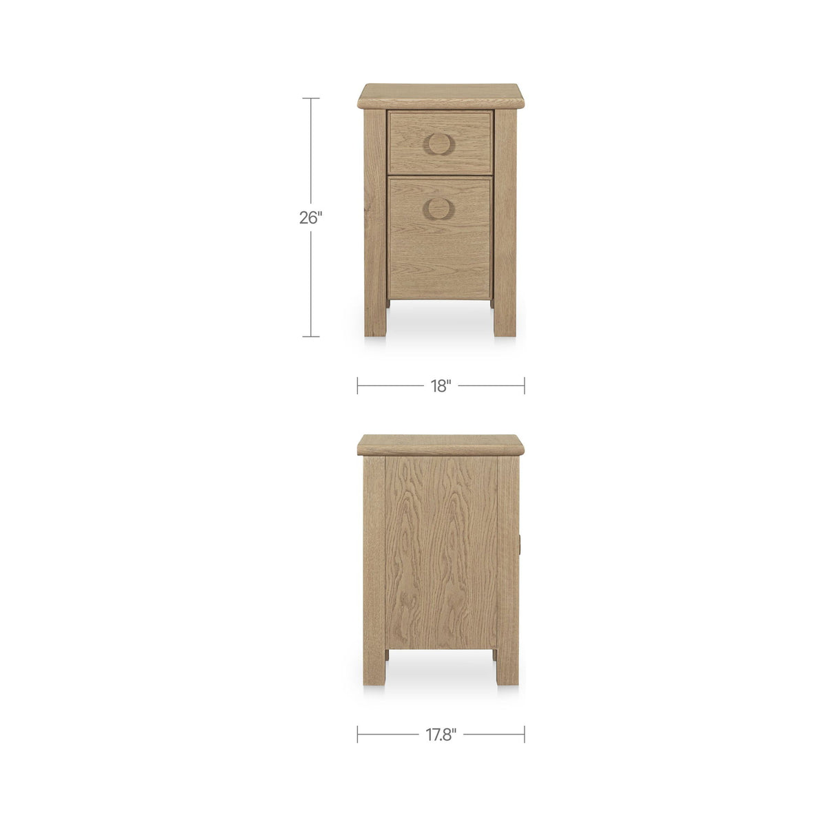 Natural wood nightstand, 26 in high x 18 in wide; two drawers with round pulls.