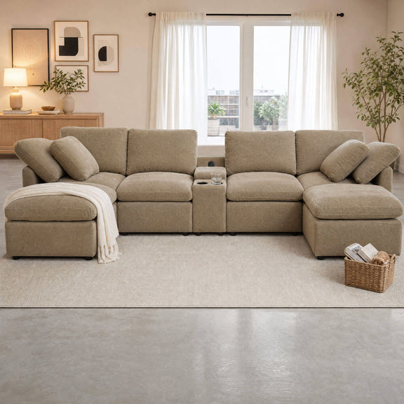 Light brown modular sectional arranged in a wide, symmetrical layout