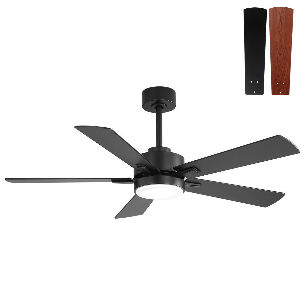 Black reversible ceiling fan with 4 dark blades and integrated LED light